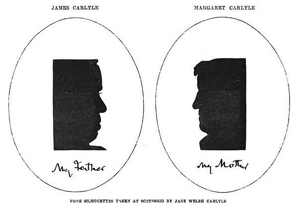 Silhouettes of Carlyle's father and mother with captions in Carlyle's hand