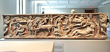 Roman sarcophagus showing Selene approaching Endymion; mourning Cupids at corners. Ca. 150 AD. Metropolitan Museum, New York Small Met Endymion-and-Selene sarcophagus.jpg