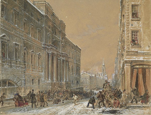 Snowballing Outside Edinburgh University, by Samuel Bough (1853, watercolour on paper)