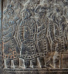 Sogdians, depicted on the Anyang funerary bed, a Sogdian sarcophagus in China during the Northern Qi dynasty (550-577 AD). Guimet Museum. Sogdian New Year Festival, Northern Qi.jpg