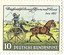 Timbre postale allemand de 1852 représentant un postillon conduisant une carriole.