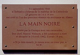 Plaque à la mémoire de Marcel Weinum et du réseau La Main noire