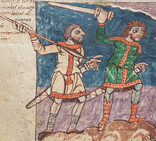 Two men armed with swords, detail of an illustration from the Stuttgart Psalter (fol. 7v), dated c. 830. StuttgartPsalter 7v detail.jpg