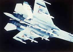 Su-27: Vier Flugkörper am Rumpf befestigt, zwischen den Triebwerken als Tandem