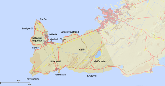 map of Keflavík, Grindavík, Reykjanes peninsula - Reykjanesskagi, Keilir and lake Kleifarvatn