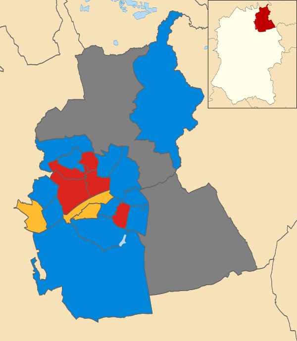 Map of the results of the 2003 Swindon council election. Conservatives in blue, Labour in red and Liberal Democrats in yellow. Wards in grey were not contested in 2003. Swindon UK local election 2003 map.svg