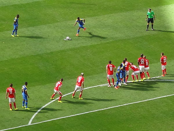 Michael Arroyo executing a free kick against Switzerland at the 2014 World Cup