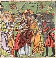 Syriac Gospel c. 1220 northern Iraq Ms. Additional 7170, British Library, London Betrayal of Jesus by Judas.jpg