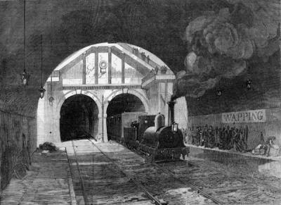 Locomotive exiting the Thames Tunnel and arriving at what is now Wapping station. Illustrated London News 8 January 1870.