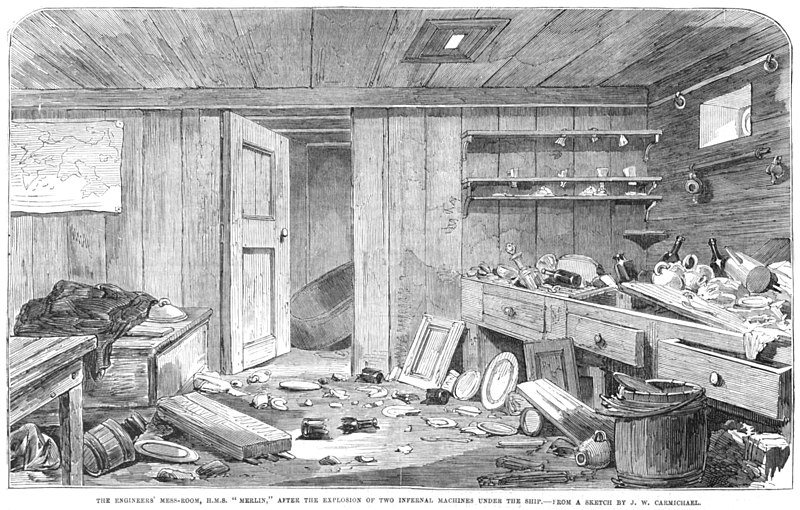 File:The Engineers' mess-room, HMS 'Merlin', after the explosion of two infernal machines under the ship - ILN 1856.jpg