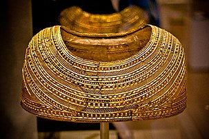 The Mold gold cape, which is a bronze age gold cape from Wales dating to 1900-1600 BC. The Mold cape.jpg