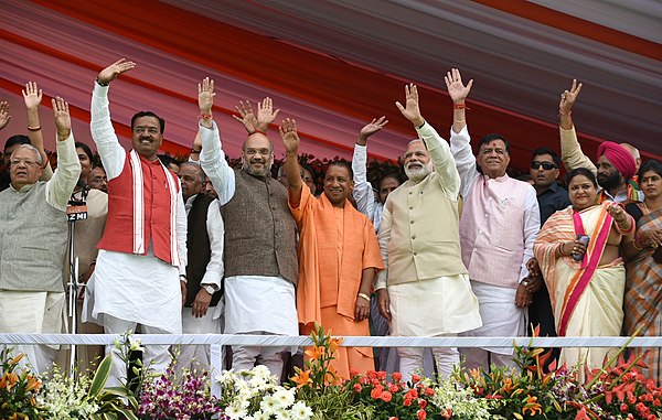 Prime Minister Narendra Modi and other Bharatiya Janata Party leaders at the swearing in ceremony of Yogi Adityanath