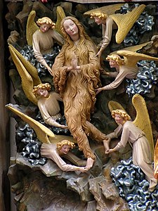 International Gothic showing Mary Magdalene covered by her long, blond hair as she is lifted by angels in SS. Johns' Cathedral in Toruń