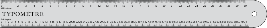 Représentation d'un typomètre avec, en haut, les millimètres (subdivisés en demi-millimètres) et, en bas, les points picas, regroupés par trois, six et douze points.