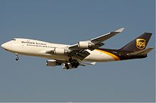 A Boeing 747-400F in the former livery UPS Boeing 747-400 in Dubai KvW.jpg