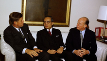 John F. Kennedy, U Thant, and Adlai Stevenson at the Waldorf-Astoria in 1962. UThant2452.png