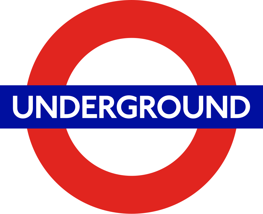 London Underground logo, known as the roundel, is made of a red circle with a horizontal blue bar.