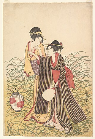 <i>Musashino</i> (Utamaro) Color triptych print by Kitagawa Utamaro