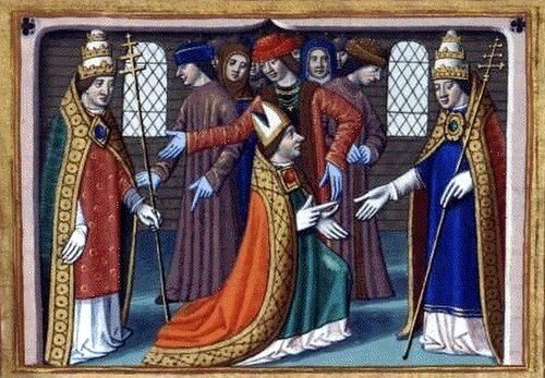 Félix V accepting the authority of Nicholas V, Martial d'Auvergne, illumination from the Vigilles de Charles VII (15th century)