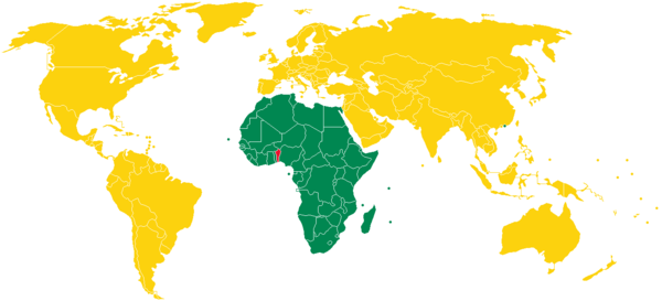 A map showing the visa requirements of Benin, with countries in green having visa-free access and in yellow are required to obtain electronic visa