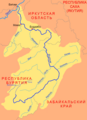 Mapa en rusu del ríu Vitim (Витим) —afluente del Lena— que forma la frontera este de Buriatia (Республика Бурятия) con Zabaikalie (Забайкальский край)