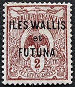A New Caledonia stamp overprinted in 1920 for use in the islands. Wallis and Futuna overprint Stamp 2c.jpg