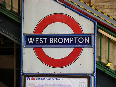 Vintage sign, from before the Johnston typeface was standardised, at West Brompton station
