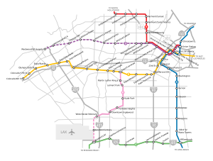 A map of Metro Rail lines and projects as of August 2023
. The planned route of the D Line Extension is in dotted purple. WestsideMetro.svg