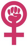 The merged Venus symbol with raised fist is a common symbol of radical feminism, one of the movements within feminism Woman-power emblem.svg
