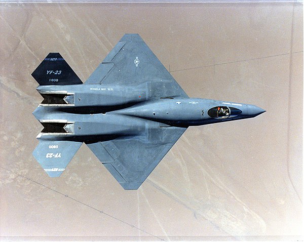 Top view of the YF-23, showing the trapezoidal wings and separation between the forward fuselage and engine nacelles