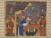 Zal meets king Manuchihr, asking for his mercy. From the "Great Mongol Shahnameh". Tabriz, c. 1330