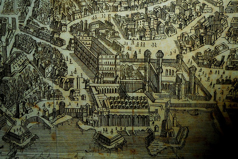 File:"Castel Nuovo or Maschio Angioino" - Detail of the view of Naples ("La Città di Napoli Capitale del Regno") etching by Francesco Sesone (18th century) - Exhibition "Giambattista Vico si racconta..." at National Library of Naples.jpg