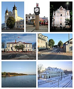 Du haut, de gauche à droite: Collégiale de la Transfiguration, horloge de la place de la Solidarité et de la Liberté, église de l'Exaltation de la Sainte-Croix, hôtel de ville, rue Wyszyńskiego, réservoir Zimna Woda, gare ferroviaire