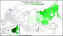 Eveenien asuttamat alueet vuonna 2010. Vihreän sävy kertoo eveenien määrän prosentteina eri alueilla.