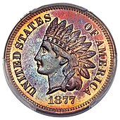 The rare 1877 Indian Head cent 1877 1C Proof Red and Brown (obv).jpg