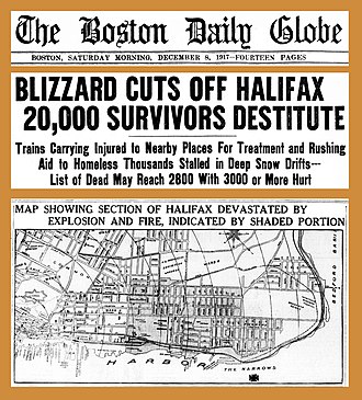The front page of the Boston Daily Globe. A map of Halifax is shown with shaded areas indicating the damaged areas.