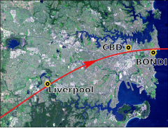 Path of the centre of the storm over the Sydney metropolitan region. 1947 Sydney hailstorm map.svg