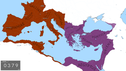 The territory of the Eastern Roman Empire, with the Western Roman Empire depicted in orange, at the beginning of Theodosius I's reign.