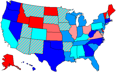 House seats by party holding plurality in state
.mw-parser-output .legend{page-break-inside:avoid;break-inside:avoid-column}.mw-parser-output .legend-color{display:inline-block;min-width:1.25em;height:1.25em;line-height:1.25;margin:1px 0;text-align:center;border:1px solid black;background-color:transparent;color:black}.mw-parser-output .legend-text{}
80.1-100% Democratic
80.1-100% Republican
60.1-80% Democratic
60.1-80% Republican
Up to 60% Democratic
Up to 60% Republican 96 us house membership.png