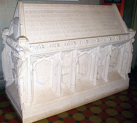 White's sarcophagus features symbols of important aspects of his life, including crests of nations where he had been an ambassador, and icons of universities where he had studied