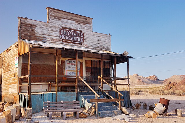 Rhyolite Mercantile, a general store built in 1906 that burned to the ground in September 2014 after being hit by lightning (image circa 2007).