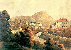 Landschaft im Salzburger Land mit Häusern, Fluss und Brücke, 1909