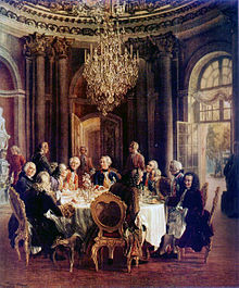 König Friedrichs II. Tafelrunde in Sanssouci (Gemälde von Adolph von Menzel, 1850; Kriegsverlust) (Quelle: Wikimedia)