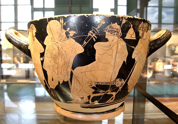 Embassy to Achilles. On the left, Ajax and Odysseus standing, facing Achilles seated and Phoenix standing on the right. A skyphos (c. 480–470 BC) Louv