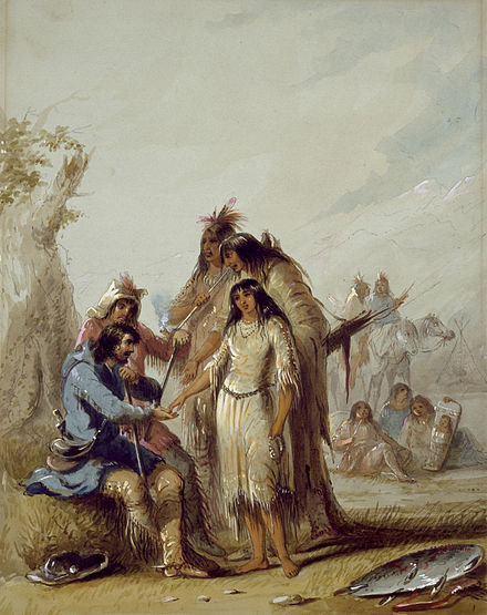 The Trapper's Bride shows a trapper, Francois, paying $600 in trade goods for an Indian woman to be his wife, ca. 1837, by Alfred Jacob Miller.