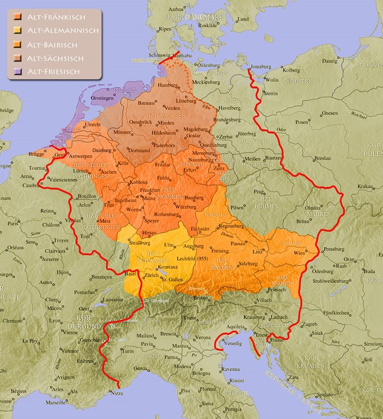 Altdeutsche Sprachräume (farbig) zum Zeitpunkt der Kaiserkrönung von Otto dem Großen (dessen Reich rot umrahmt, wobei viele Territorien lediglich durch eine Tributpflicht angeschlossen waren)
