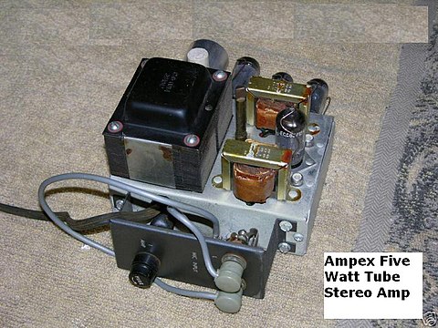 The 5 watt Ampex tube stereo amplifier as it lay hidden inside the Model 970 shown in photo above.