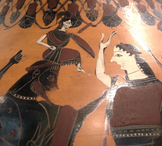 Een gewapende Athena wordt geboren uit het hoofd van Zeus met Eileithyia (?) rechts van hem (Attische zwartfigurige amphora, ca. 550-525 v.Chr., Louvre).