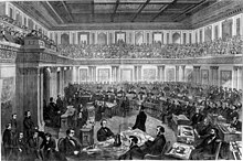 The Senate has the power to try impeachments; shown above is Theodore R. Davis's drawing of the impeachment trial of President Andrew Johnson, 1868 Andrew Johnson impeachment trial.jpg