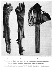 A grisly souvenir of Montrose's hanging: His right arm (seen front and back) and sword Arms of Montrose.png